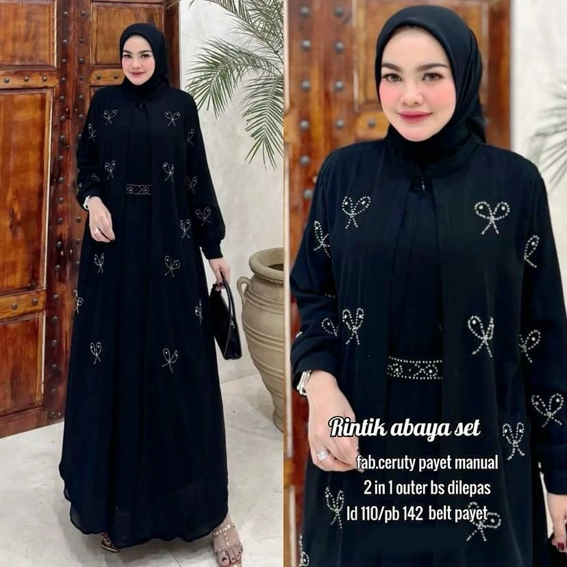 Rintik Abaya Set Outer / Abaya Set 2in1 Ceruty Babydoll Aplikasi Payet Mewah / Gamis Wanita Terbaru 