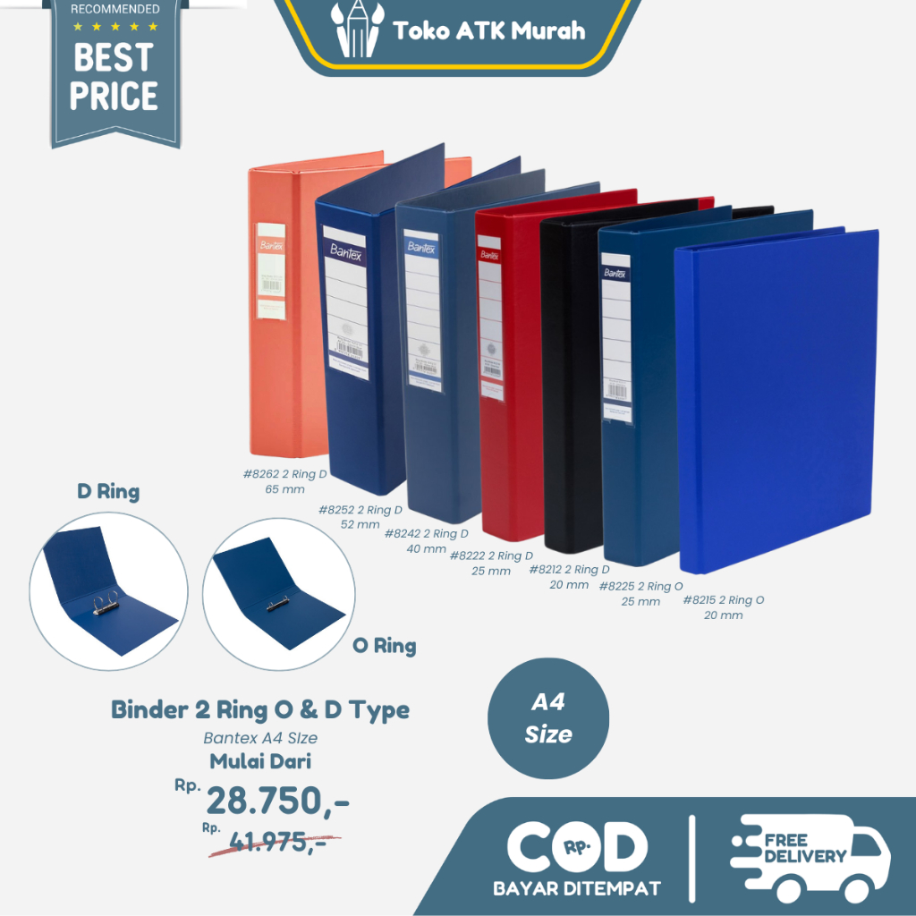 

Bantex Ring Binder A4 - 2 Lubang 8225 (O 25mm) / 8215 (O 20mm) / 8212 (D 20mm) / 8222 (D 25mm) / 8242 (D 40mm) / 8252 (D 52mm) / 8262 (D 65mm)