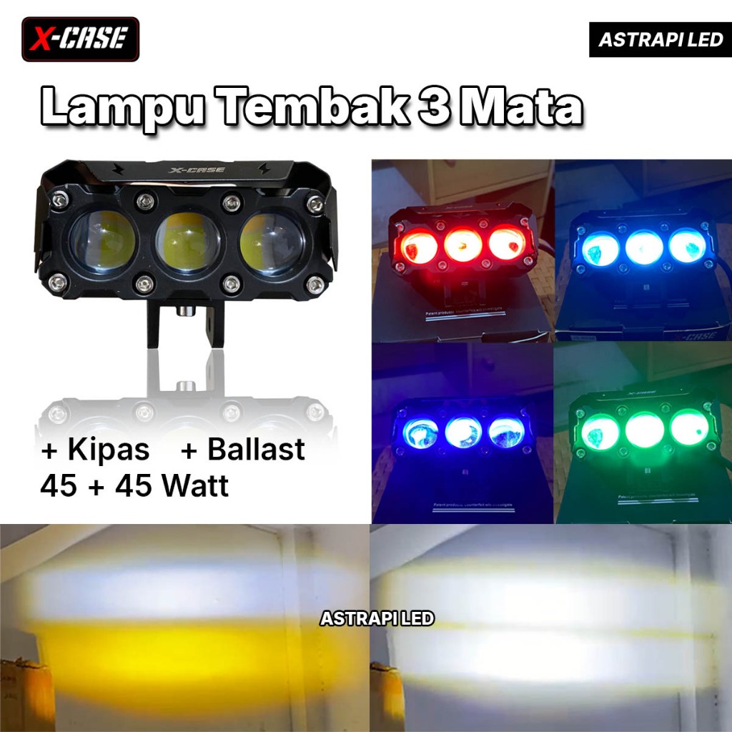 Lampu Tembak Sorot LED 3 Mata 45 Watt Motor Mobil Plus Kipas Dan Ballast Xcase
