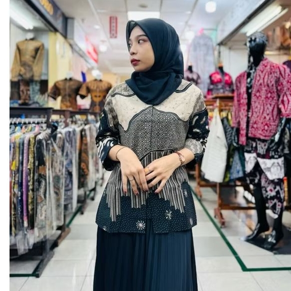 blus batik qistina wanita lapis trikot daun putri malu