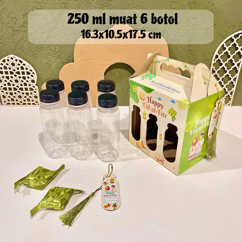 

( 10 pcs ) Kardus Jinjing 6 Botol 250ml Hijau Lebaran Dus Tenteng Packaging Hampers Eid Mubarak