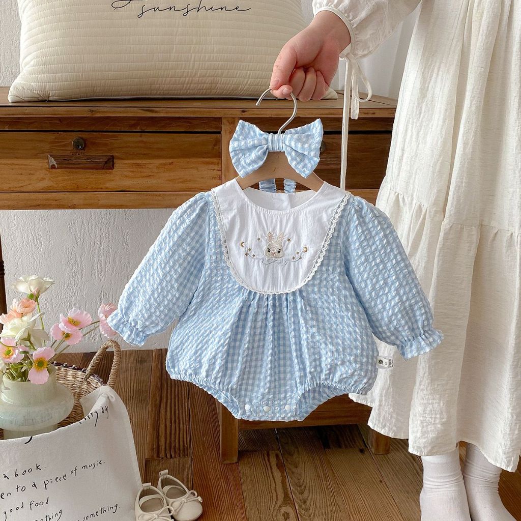 Jenni Blue Bunny + Bow Romper / Romper Baju Bayi Perempuan Kelinci Lucu Bando