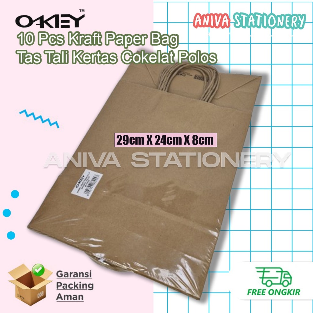 

10 Pcs OKEY Kraft Paper Bag Tas Tali Kertas Cokelat Polos 29cm X 24cm X 8cm