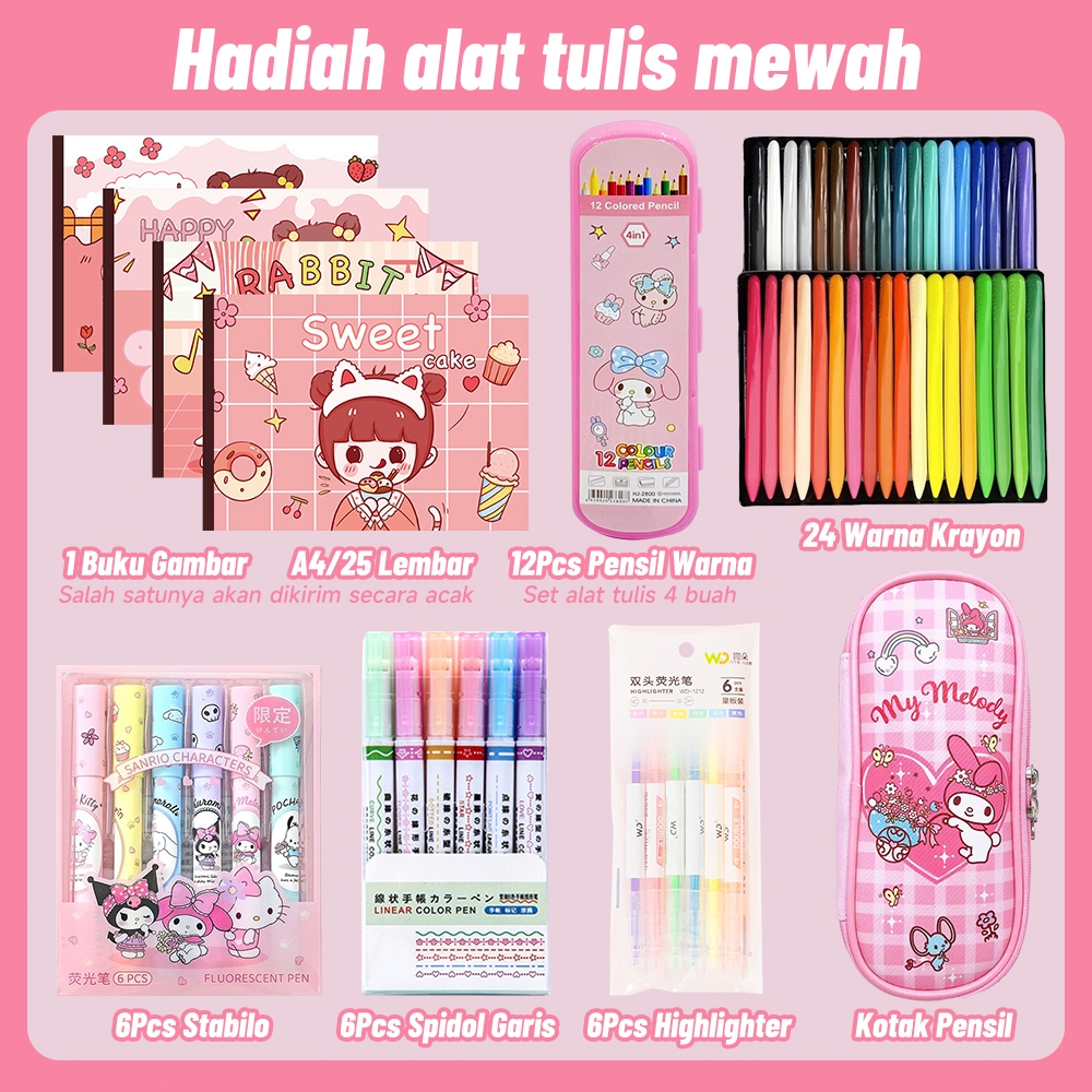 

Set lukisan Buku Mewarnai Drawing Book 24 Warna Crayon Set Krayon 6Pcs Highlighter 12Pcs Pensil Warna Kotak Pensil