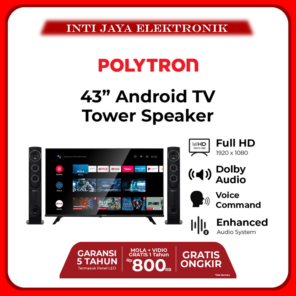 TV POLYTRON 43 INCH ANDROID TV TOWER SPEAKER 43TA5055 GARANSI RESMI 43INCH