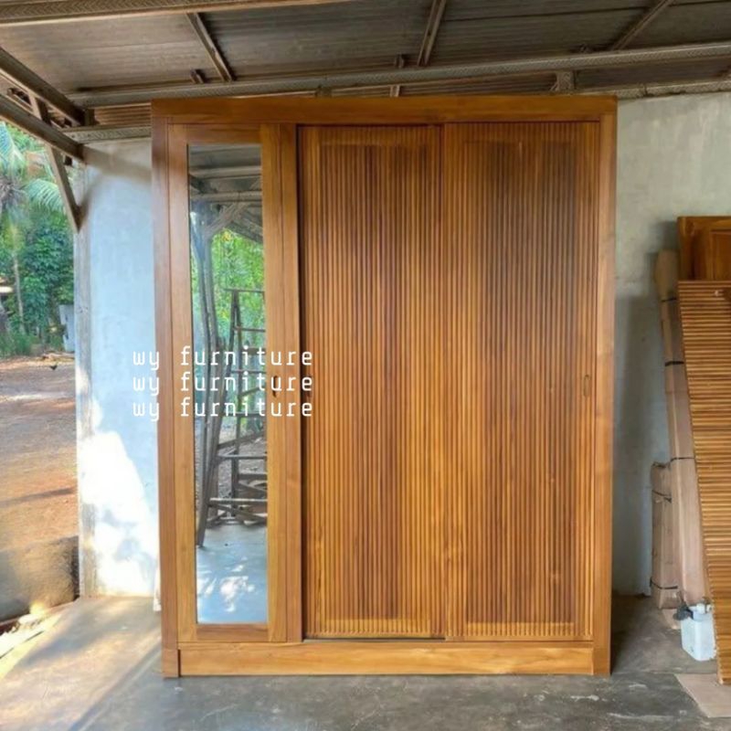 lemari pakaian 3 pintu sliding kayu jati - lemari pakaian kayu jati