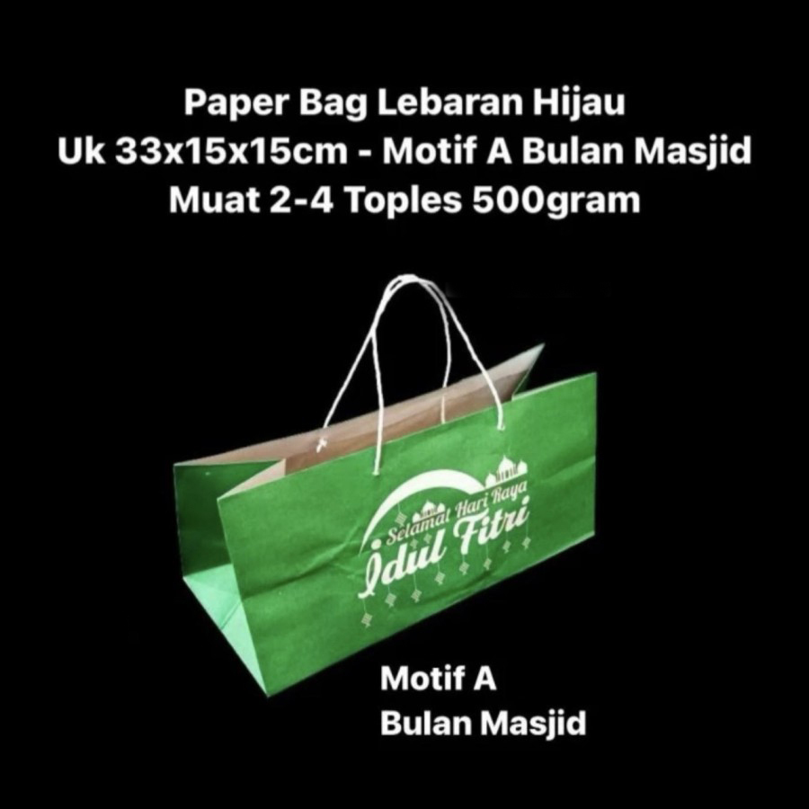 

5 pcs Paper Bag Eid Mubarak Hijau Goodie Bag Kemasan 2-4 Toples 500gr Lebaran 33x15x15 cm