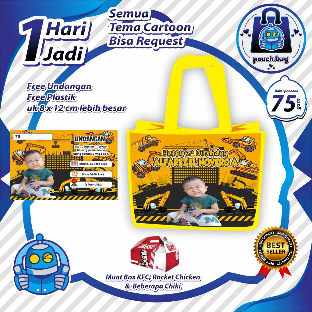 

PAKET 30 PCS Tas Ulang Tahun Anak Custom Pakai Nama Foto Nasi Kfc Bungkus Snack, Sudah Free Undngan Ultah ( Godie Bag Ultah Custom )