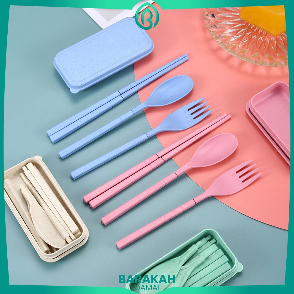Alat Makan Sendok Garpu Sumpit Lipat 3IN1 Bahan Jerami Gandum / Sendok Korea Travel Cutlery Set Port