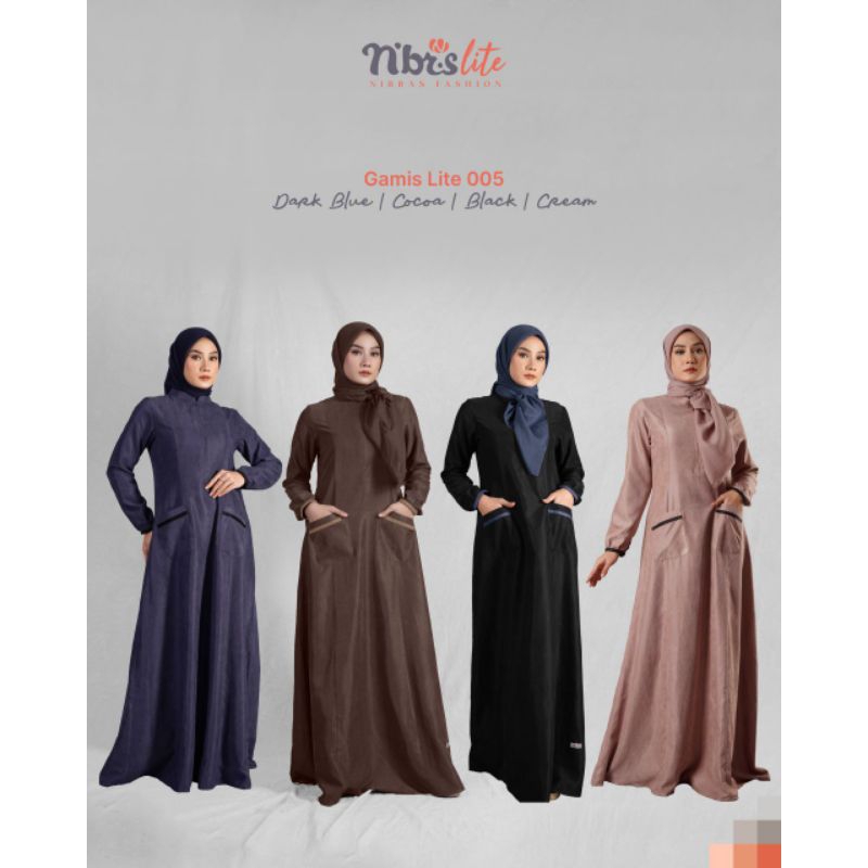 Gamis Lite 018 Gamis Nibras Syari busui freindly kancing dada warna hitam khaki burgundy abu grey pu