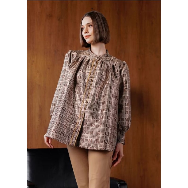 BUTTONSCARVES PLAID JACQUARD PLEATED SHIRT -BRONZE