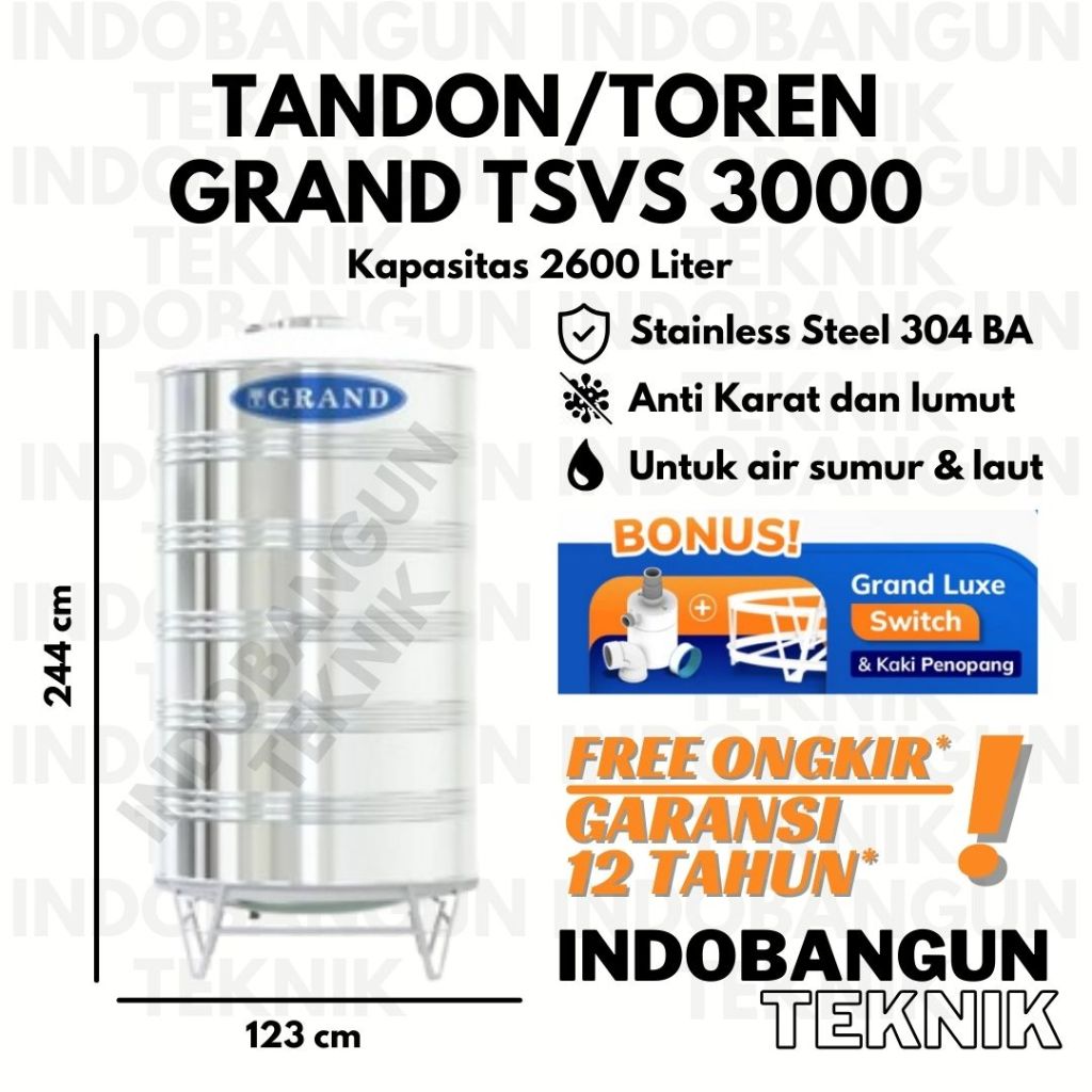 Tandon Toren Air Stainless Coating TSVS 3000 (2500 Liter) Tedmond Grand Garansi 12 Tahun Air Sumur