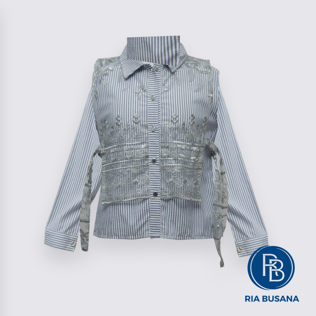 Ria Busana - Bom Kids - Kemeja Anak Wanita Perempuan Lengan Panjang Salur Semi bordir art. 116213-KO