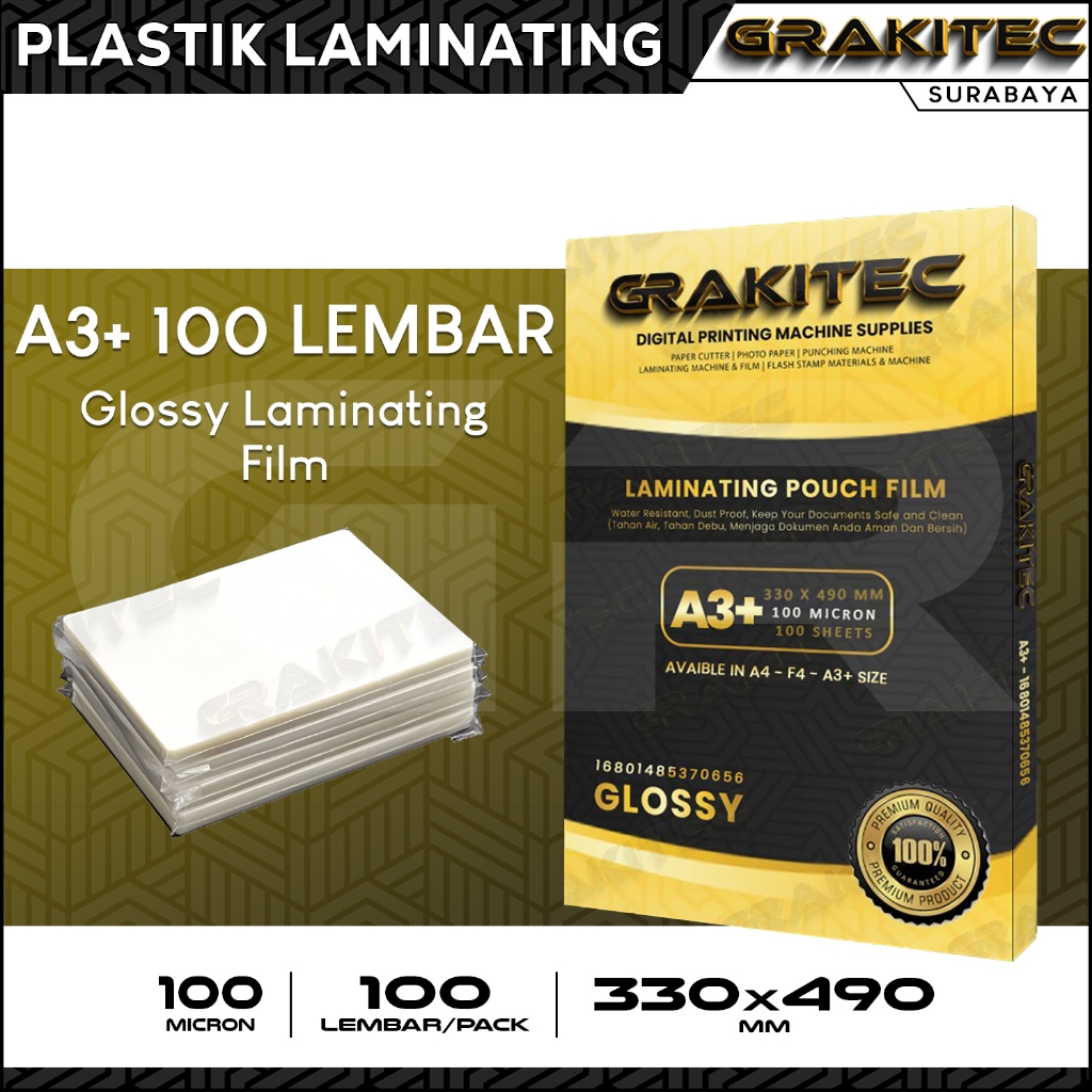 

PLASTIK LAMINATING A3+ 330 X 490 MM X 100MIC 100 LEMBAR SBY