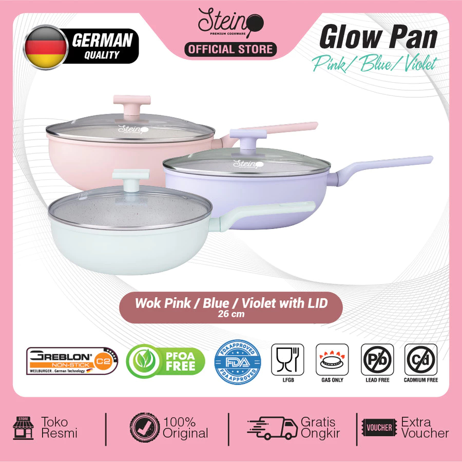STEIN STEINCOOKWARE SATUAN WOK PAN 26 CM 26 CM GLOWPAN SATUAN PINK BLUE VIOLET