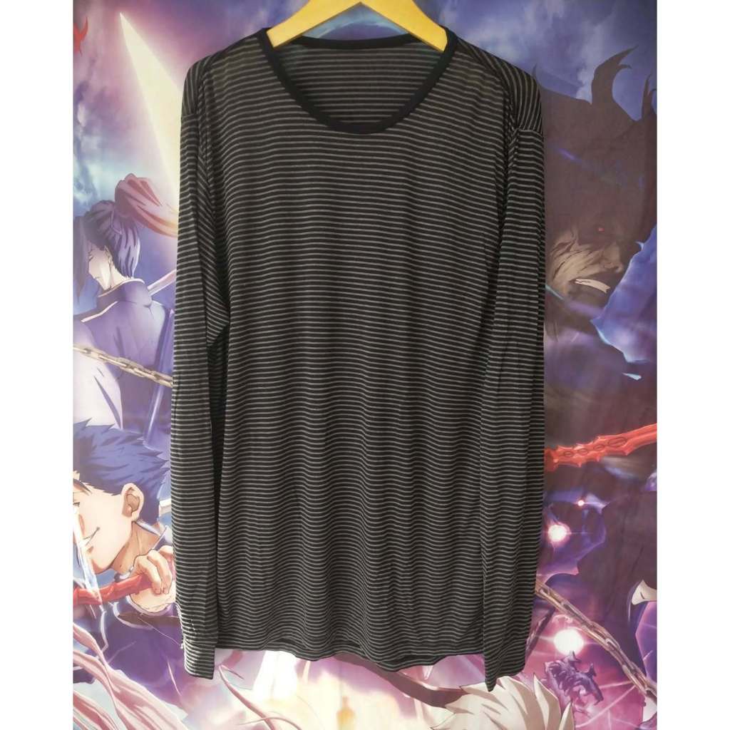 Uniqlo Heat Tech Striped Grey Longsleeve Shirt Kaos Lengan Panjang Tshirt Original Second Merch Japa
