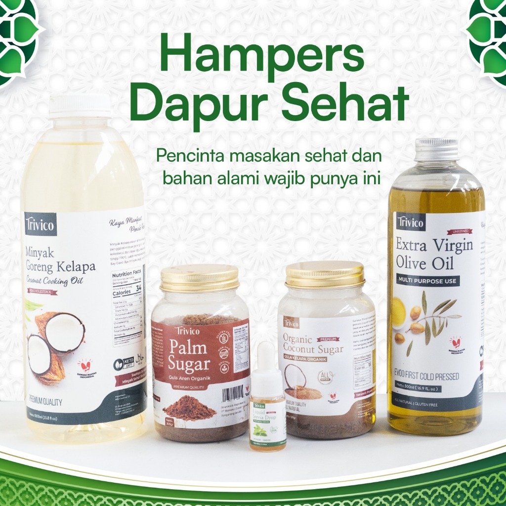 

Trivico Paket Hampers Dapur Sehat - Minyak Goreng Kelapa, Olive Oil, Gula Aren, Stevia & Gula Kelapa