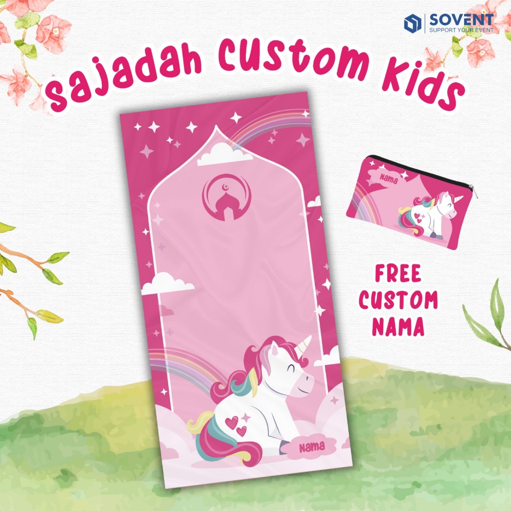 SAJADAH ANAK TRAVEL MOTIF UNICORN / SEJADAH UNICORN TRAVEL ANAK CUSTOM NAMA ANTI SLIP/ SAJADAH TRAVE