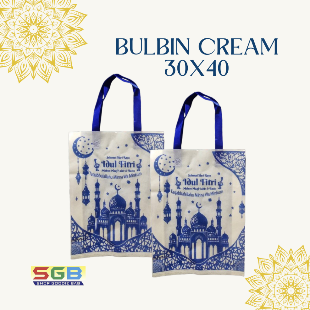 

1 LUSIN (12 pc) Goodie bag Lebaran MOTIF BULBIN CREAM & MOTIF LAINNYA Series Idul Fitri UK 30X40X8 sablon 2 SISI - Spunbond Lebaran