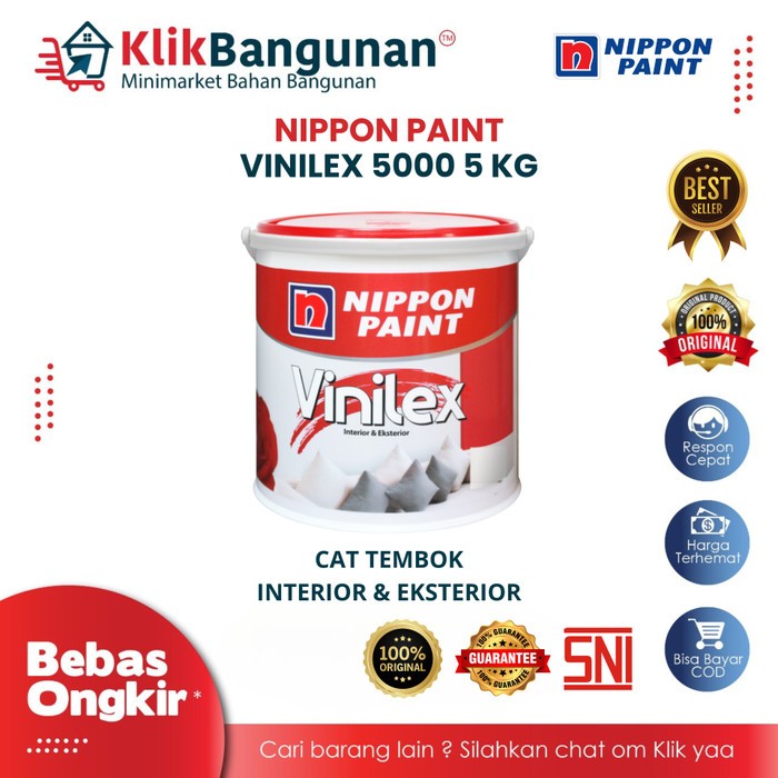 Nippon Paint Vinilex 5000 Putih Cat Tembok 5 Kg - Interior & Eksterior, Daya Tutup Maksimal