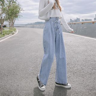 KOREA STYLE CELANA PANJANG JEANS WANITA PINGGANG TALI HIGHWAIST STRETCH