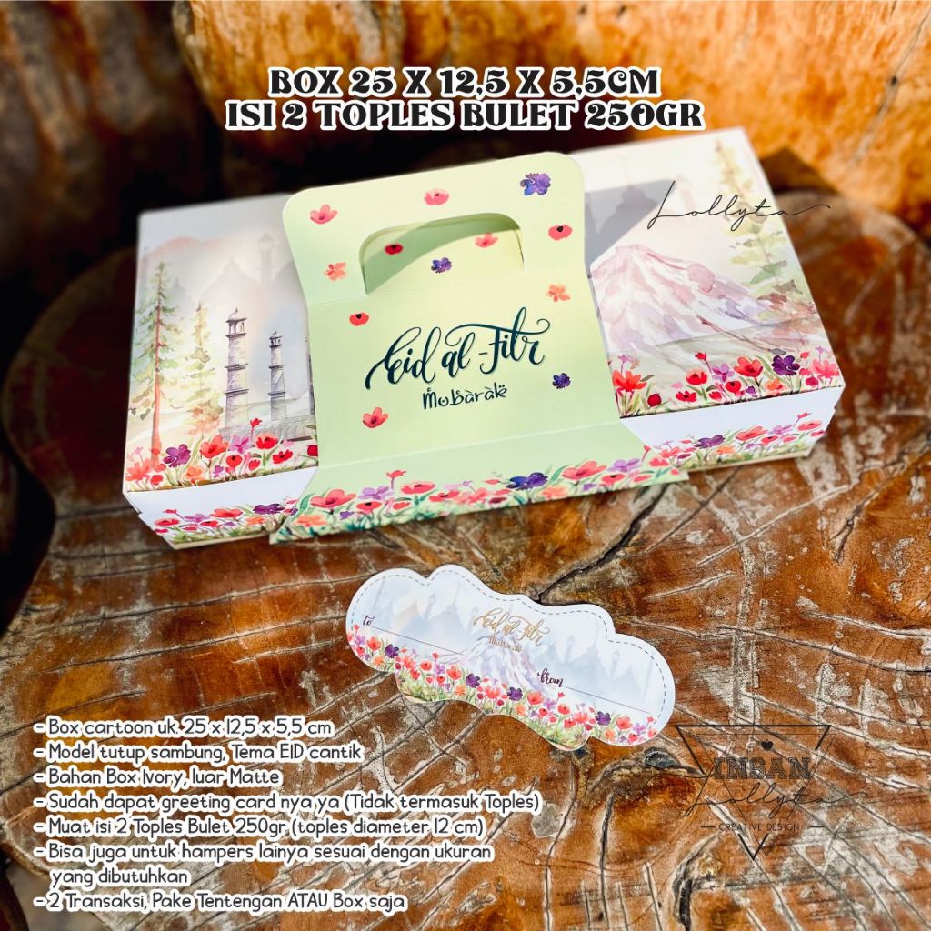 

Box isi 2 toples bulet 250gr uk. 25 x 12,5 x 5,5 cm Tema EID / Idul Fitri Tema Zayba