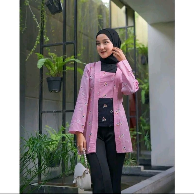 SIMI - Kebaya Long Kutu baru Atasan Tunik Kebaya bahan Jumputan Handmade twotone Ukuran S M L XL XXL