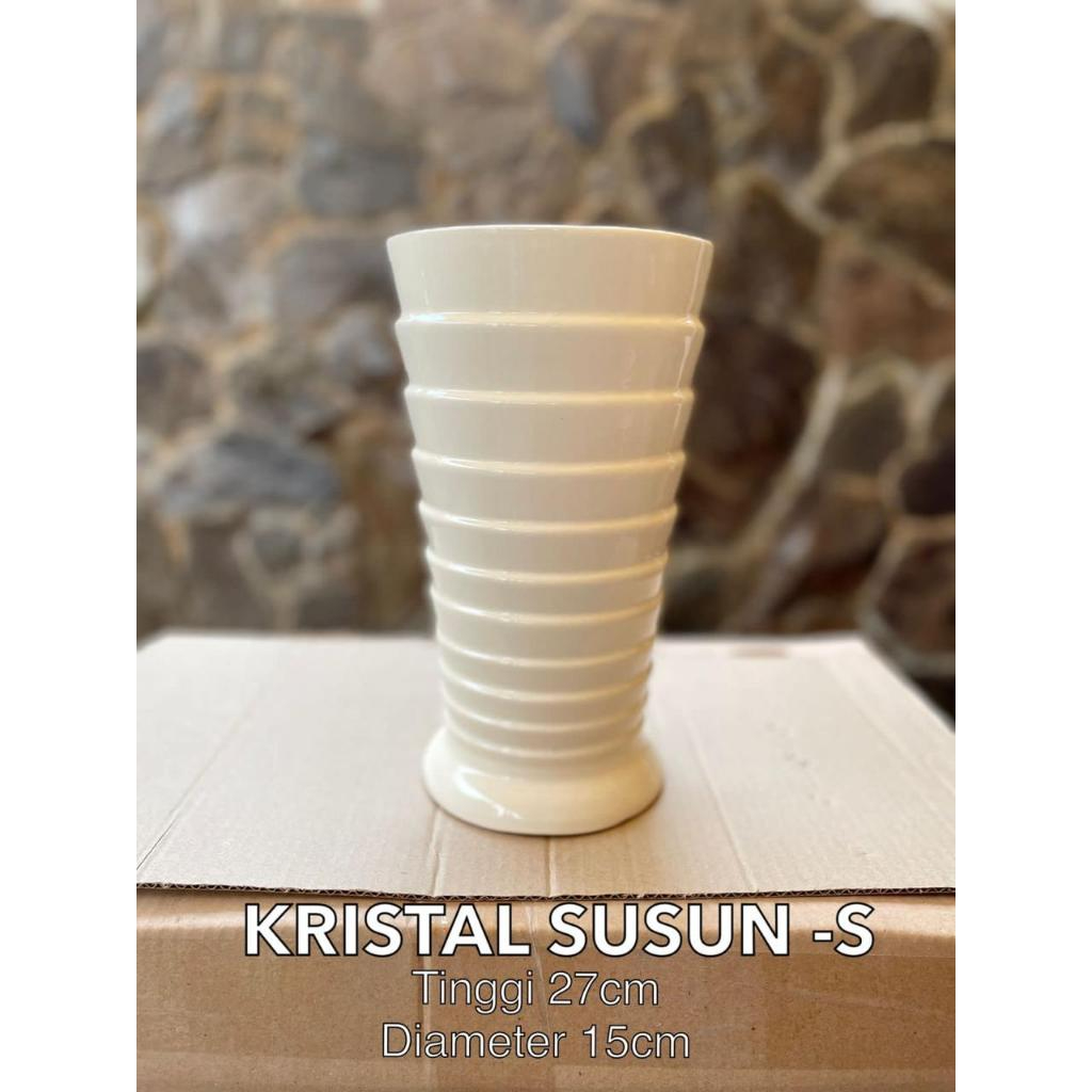 Pot Vas Bunga Keramik Putih Polos Model Kristal Susun T: 27cm D: 17cm Eceran Grosir Dekorasi Ruangan