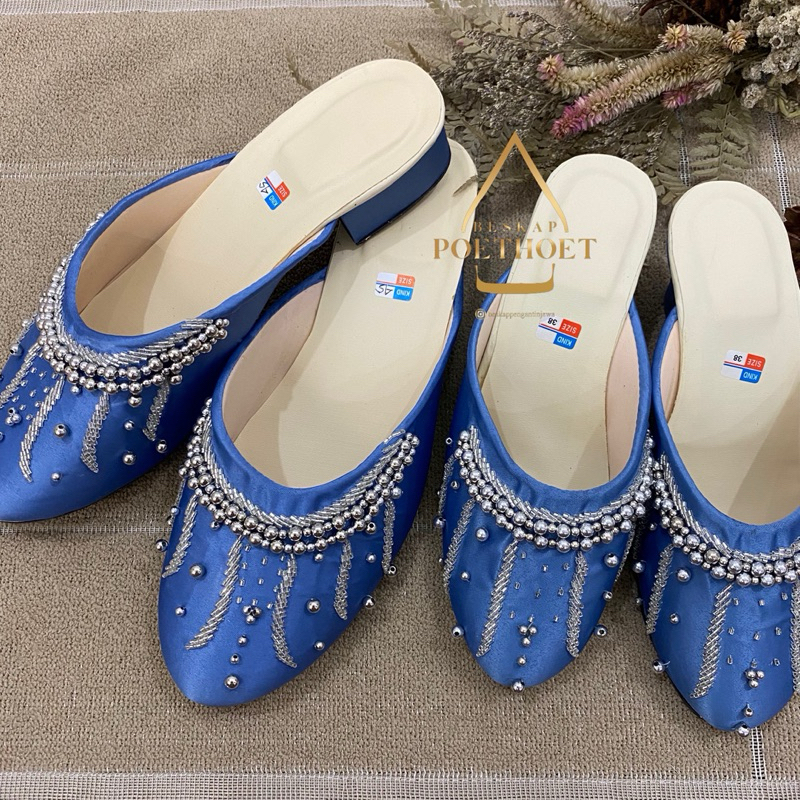 selop sendal sepatu pengantin pria dan wanita jawa payet biru denim blue premium hak sedang couple h