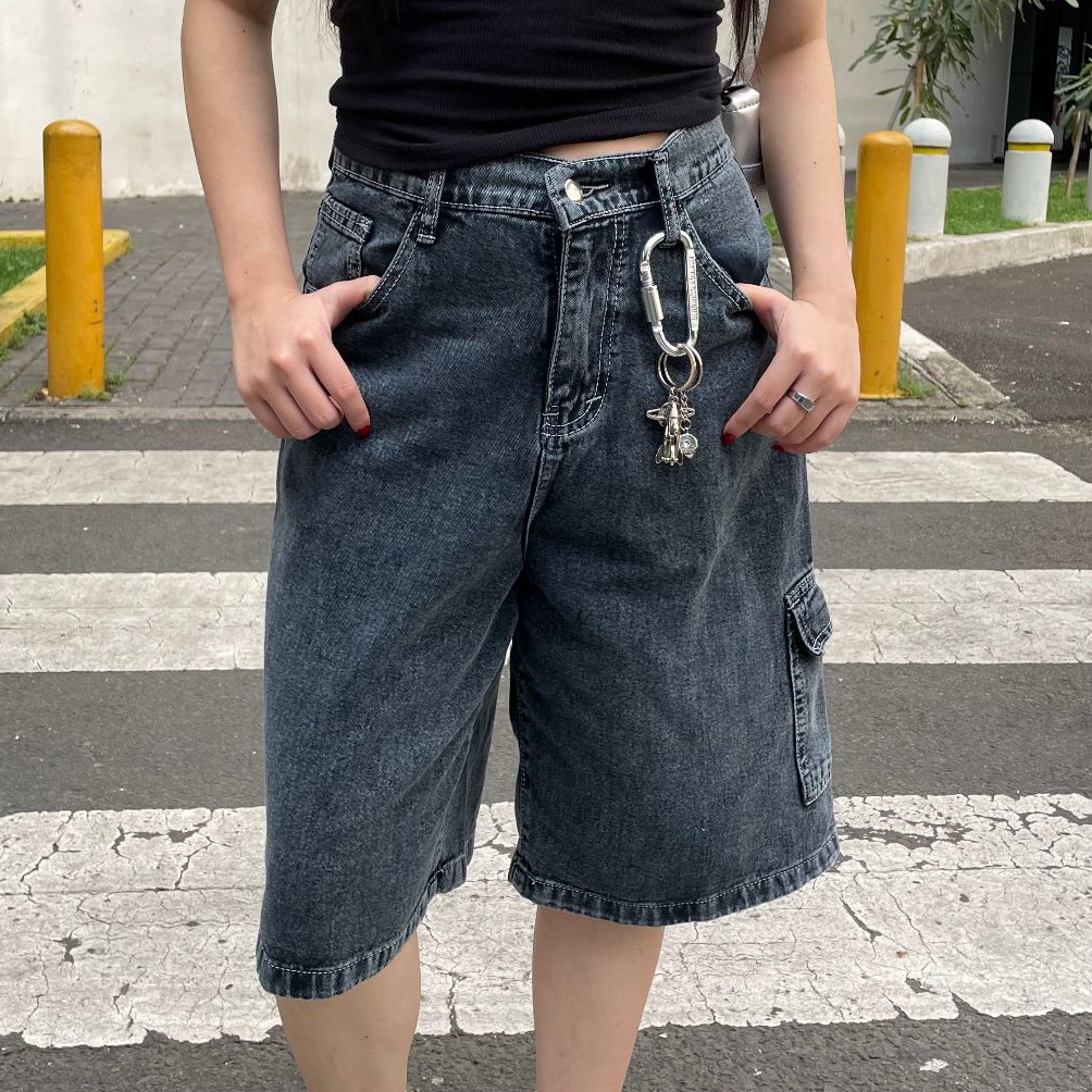 KODE D64O George Jorts Jeans Short Denim  Celana Denim Jeans Pendek Low Waist Acid Dark Grey