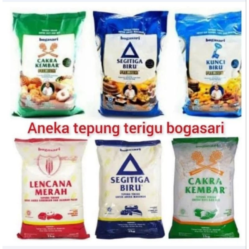 

TEPUNG TERIGU SEGITIGA BIRU / PREMIUM / CURAH, CAKRA KEMBAR PREMIUM / BIASA / CURAH, LENCANA MERAH, KUNCI BIRU 1KG