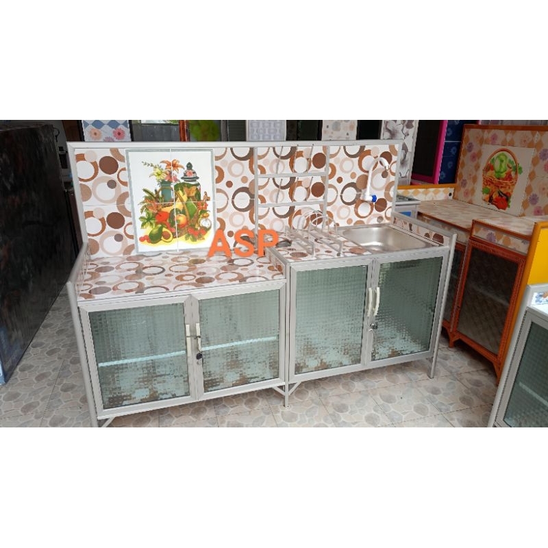 Meja Kompor gandeng meja wastafel 8 keramik free rak pengering piring dan gelas