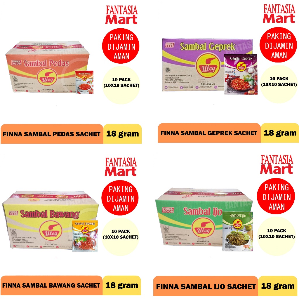 

FINNA ANEKA SAMBAL SACHET 18 GRAM DUS PER 10 PACK ISI 10X10 PCS FUN CORNER DENGAN PAKING AMAN