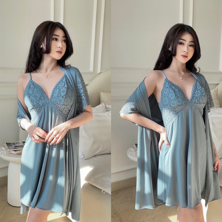KODE I78O Cyelinee Sleep Wear Dress  Kimono  Panties  Belt Winter Blue