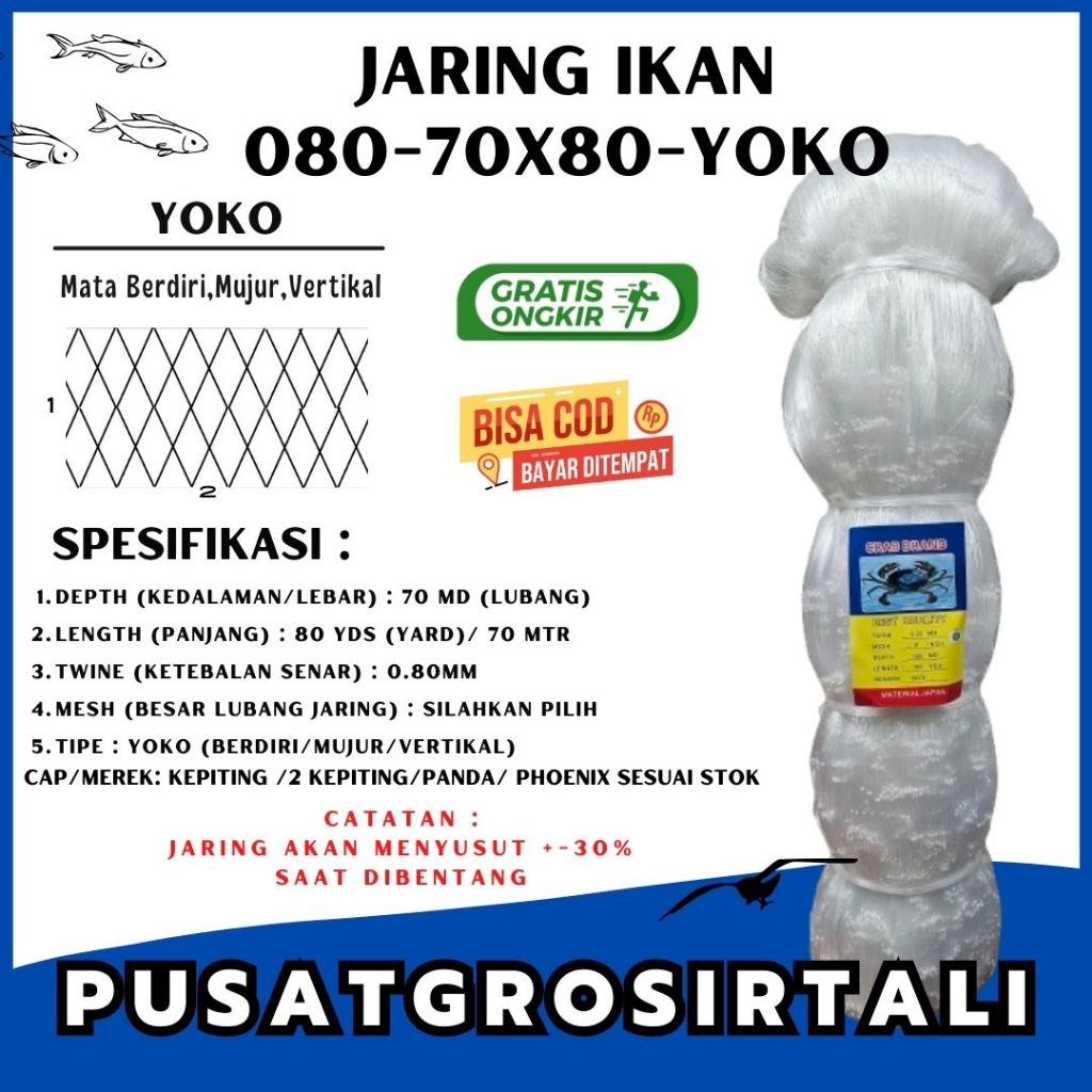 JARING SENAR 080 70x80 YOKO (MATA TEGAK) JARING IKAN BESAR/ JARING KEPITING