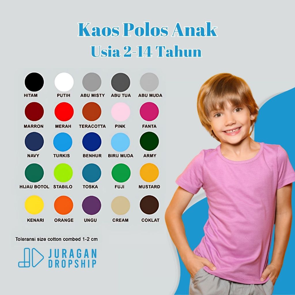 Kaos Polos Anak Usia 2 sampai 8 Tahun Juragan Dropship Big Size | Kaos Polos Anak Cotton Combed 24s 