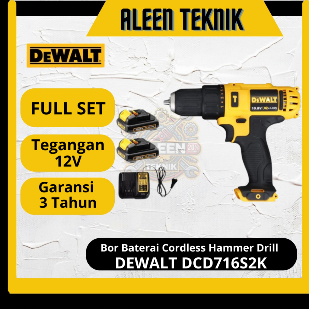 Mesin Bor Baterai Cordless Hammer drill DCD716S2K DEWALT DCD716 DCD 716