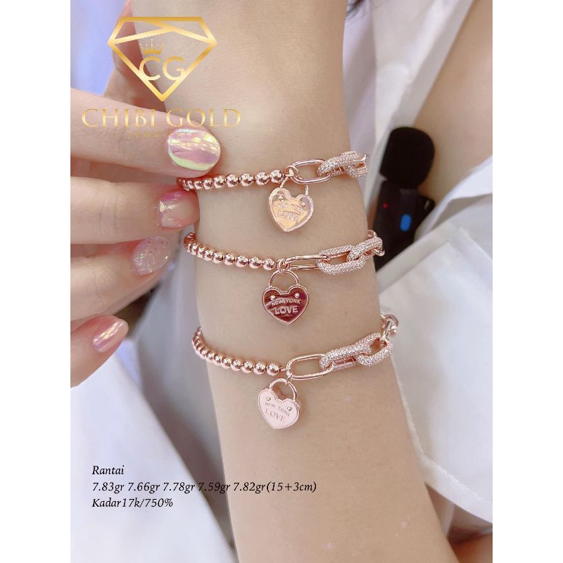 CHIBI GOLD LOKASARI - Gelang tangan Rantai  kombi Boba Love  emas 750 kadar 17k