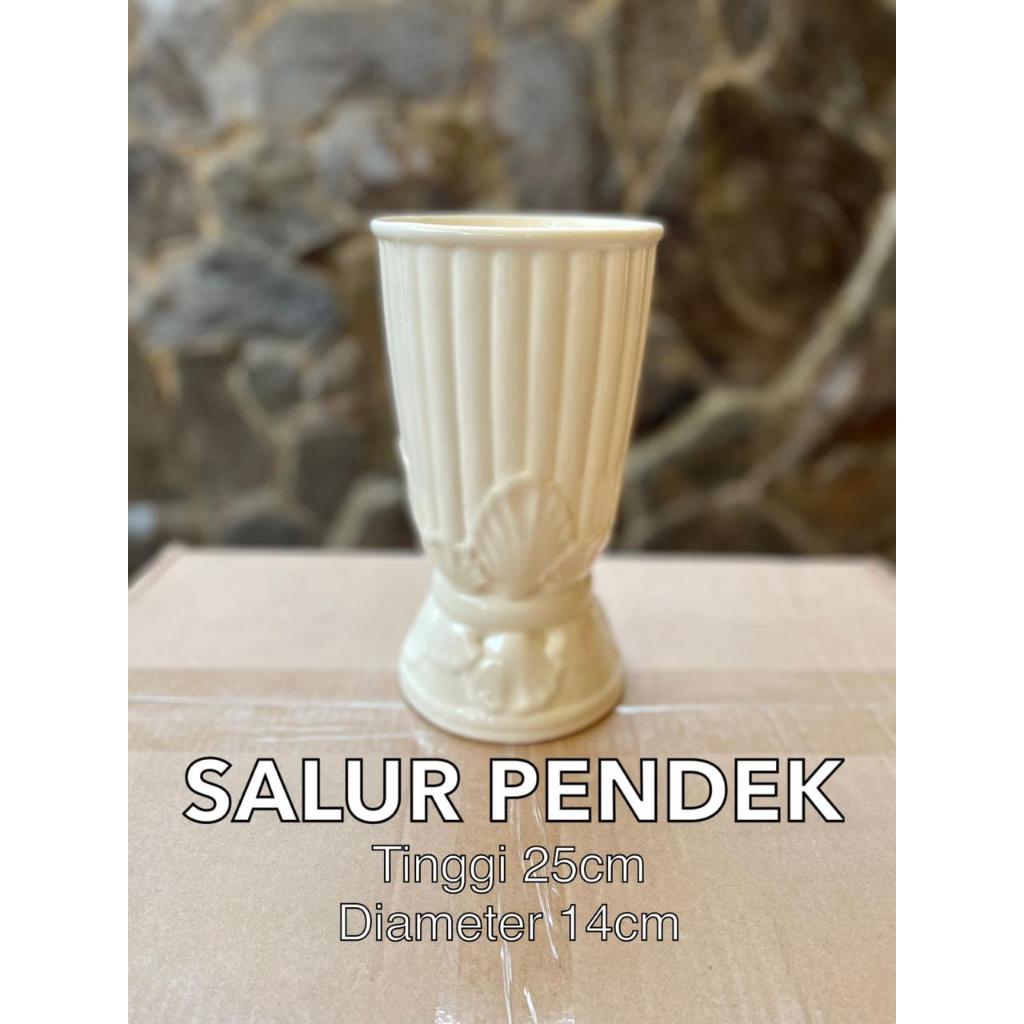 Pot Vas Bunga Keramik Model Salur Pendek Putih Polos T: 25 cm D: 14 cm Eceran Grosir Dekorasi  Ruang