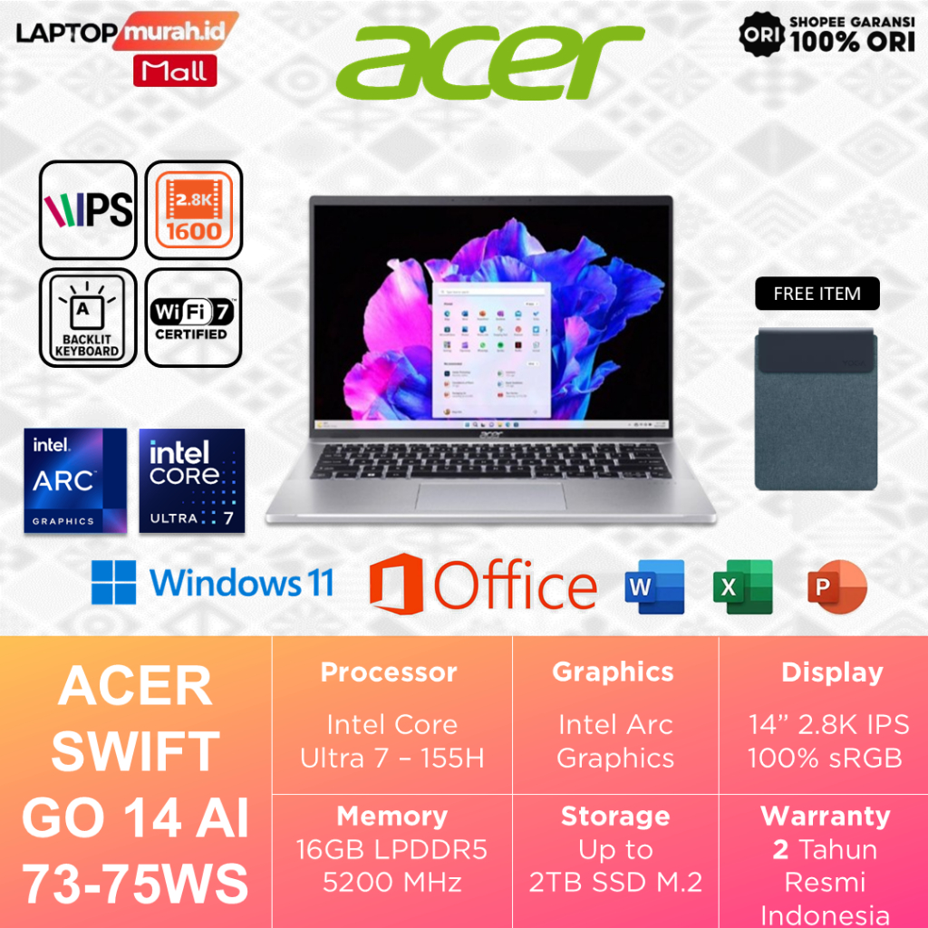 Laptop Acer Swift Ultra 7 - 155H 16GB 2TB 14.0" 2.8K 100%sRGB Windows 11 + OHS - Acer Swift Go SFG14