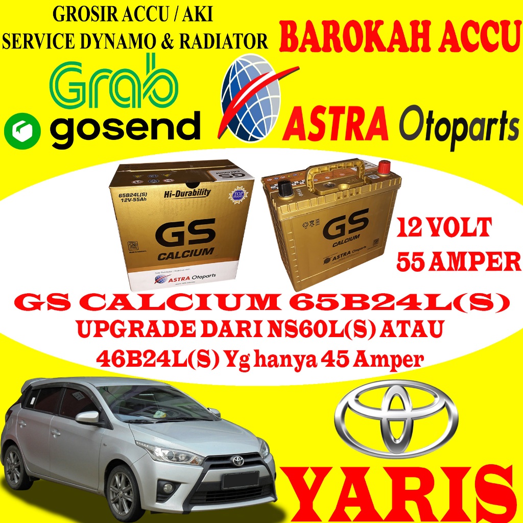 AKI MOBIL TOYOTA YARIS GS CALCIUM 65B24L(S) / 65B24LS , 55 AH ASTRA OTOPARTS