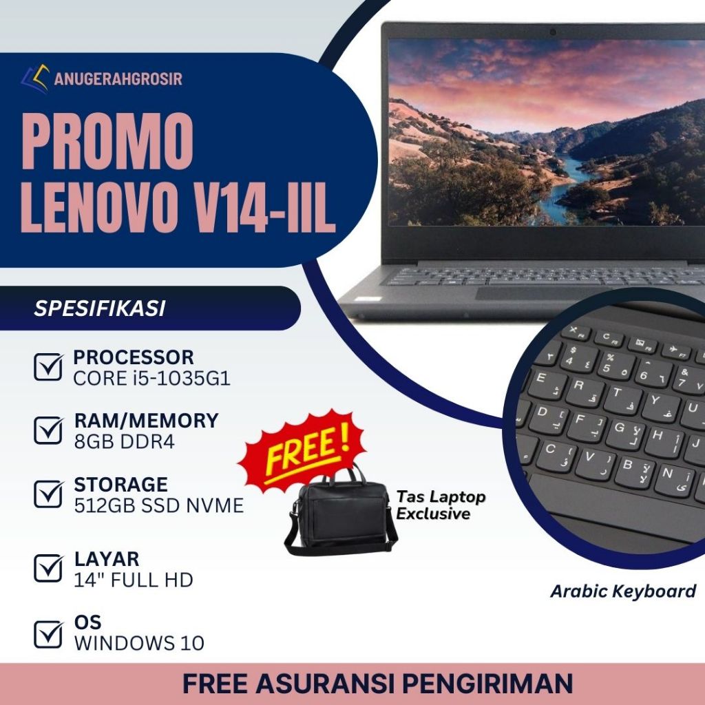 Laptop Lenovo ideapad v14-iil core i5 - 1035G1 ram 8gb ssd 512gb nvme 14" fhd windows 10 pro baru