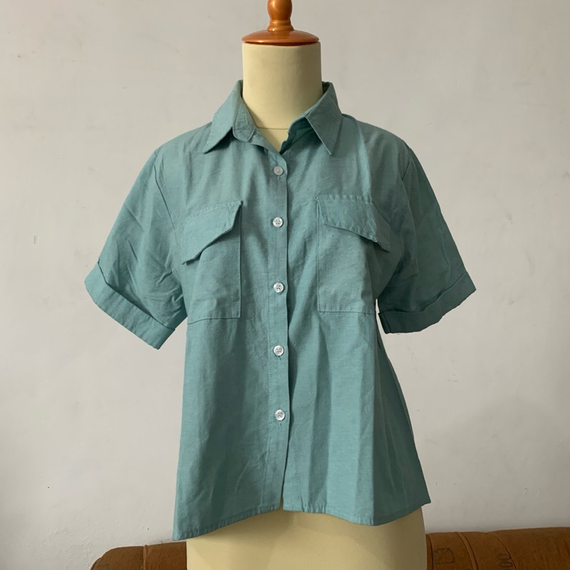 PRELOVED KEMEJA KERJA HIJAU TOSCA WANITA KATUN
