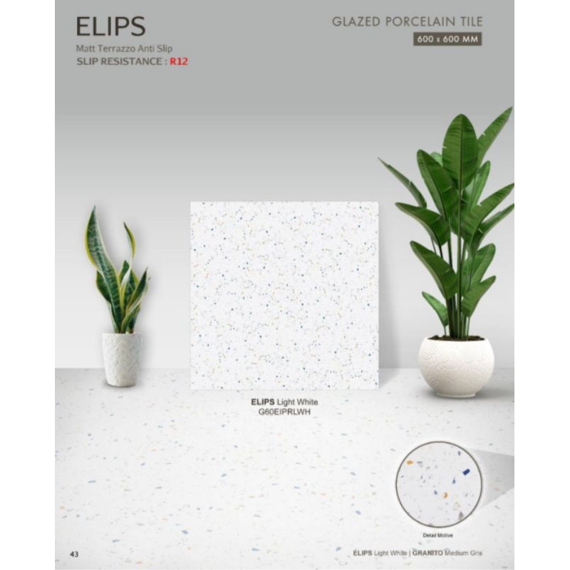 GRANIT ATHENA ELIPS WHITE 60X60 PUTIH MOTIF TERRAZZO PERMUKAAN TEKSTURE MATT PUTIH TERAZO DINDING DA
