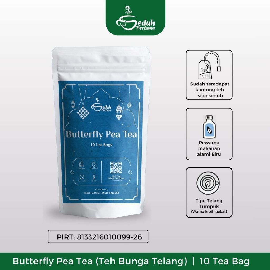 

Seduh Pertama 10 Tea Bag Bunga Telang Tumpuk Kering / Teh Bunga Telang Tipe Telang Tumpuk warna lebih pekat Butterfly Pea Pewarna Makanan Alami Biru