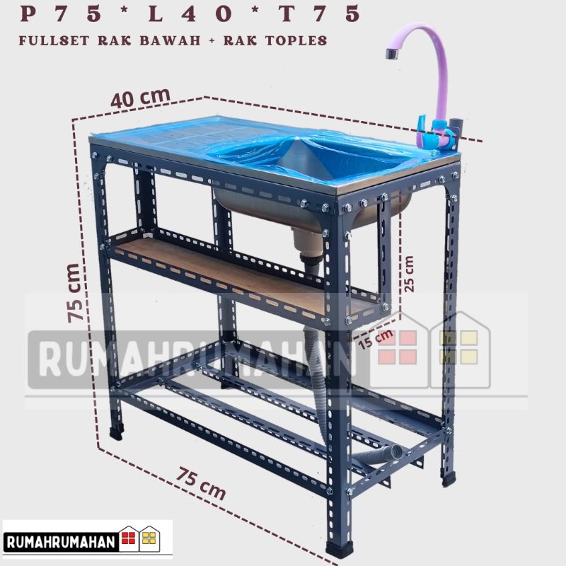 wastafel portable dengan rak simpan barang dan rak toples