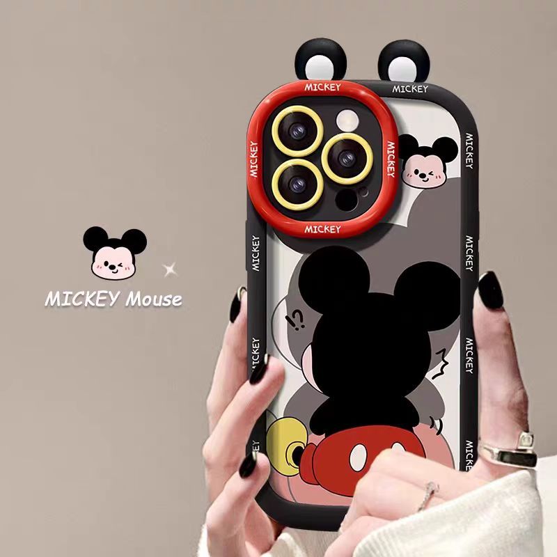 Pasangan Boneka Mickey Lucu Puff Merah Muda Premium Merasa Tahan Jatuh Case Cocok Untuk Model Iphone