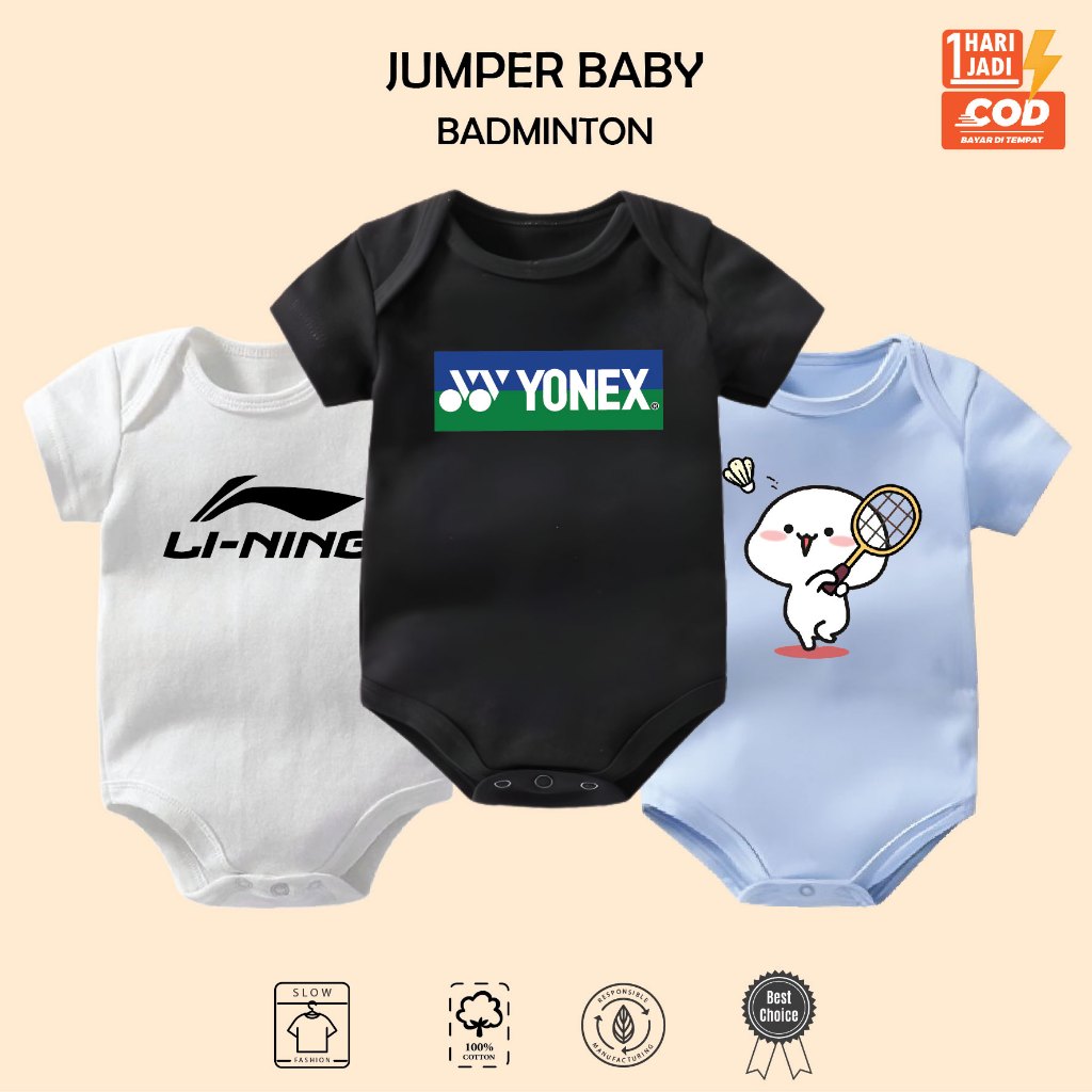 Baju Bayi Bodysuit Jumper Bayi Motif Yonex Lining Victor PBSI Badminton untuk Newborn 0-6 Bulan