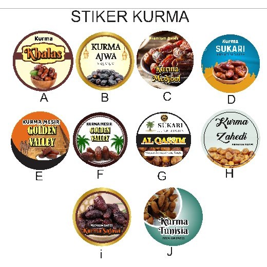 

sticker kurma/kurma sukari,khals, ajwa, tunisia,medjol,sticker kurma bulat
