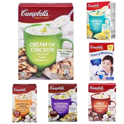 

Campbell's Instant Soup (Cream of Chicken, Cream of Corn, Cream of Mushroom, Mushroom Cheese with Croutons, Mushroom Chicken with Croutons, Wild Mushroom)